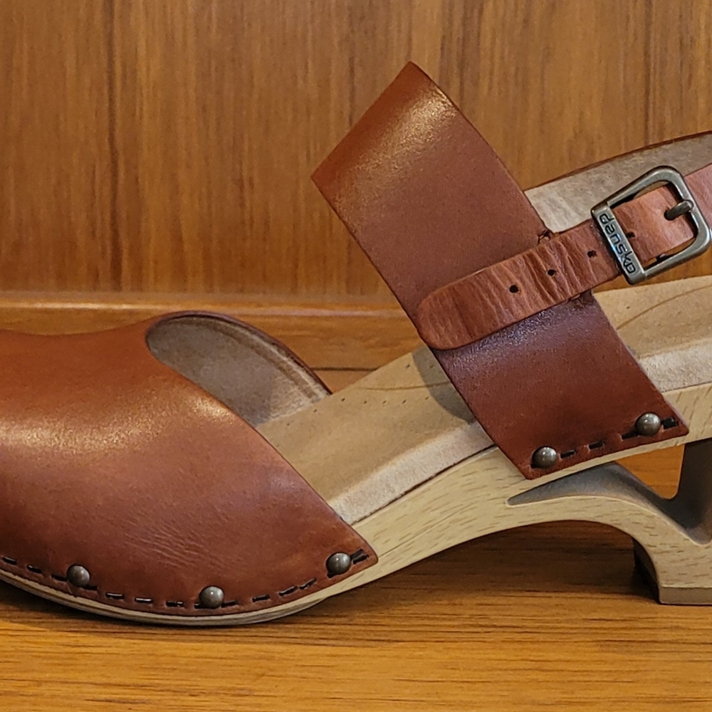 Dansko Tan Leather Mules with Wooden Heel
